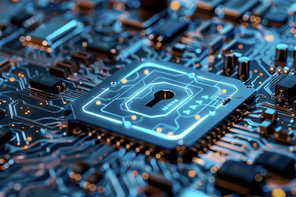 A complex keyhole surrounded by the inside of a computer